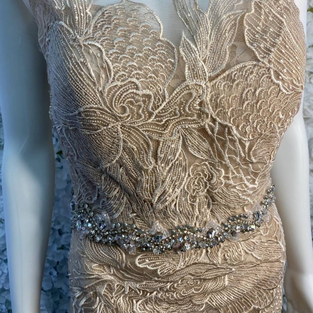 Formal dress by Andrea and Leo, size 12, beige lace sequined waist